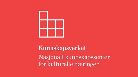 Hvit logo på rød bakgrunn for Kunnskapsverket. nasjonalt kunnskapssenter for kulturelle næringer.