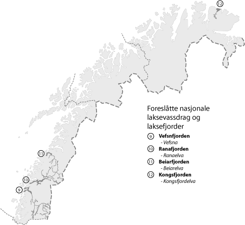 Figur 7.2 Forslag til nye nasjonale laksevassdrag og laksefjorder i Nord
 Norge