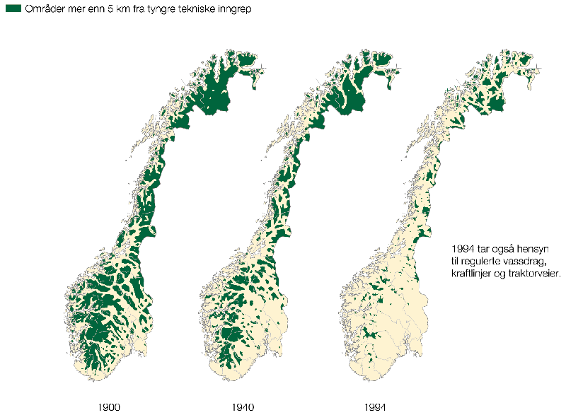 Figur 2.1 Bortfall av inngrepsfrie naturområder i perioden 1900–1994.