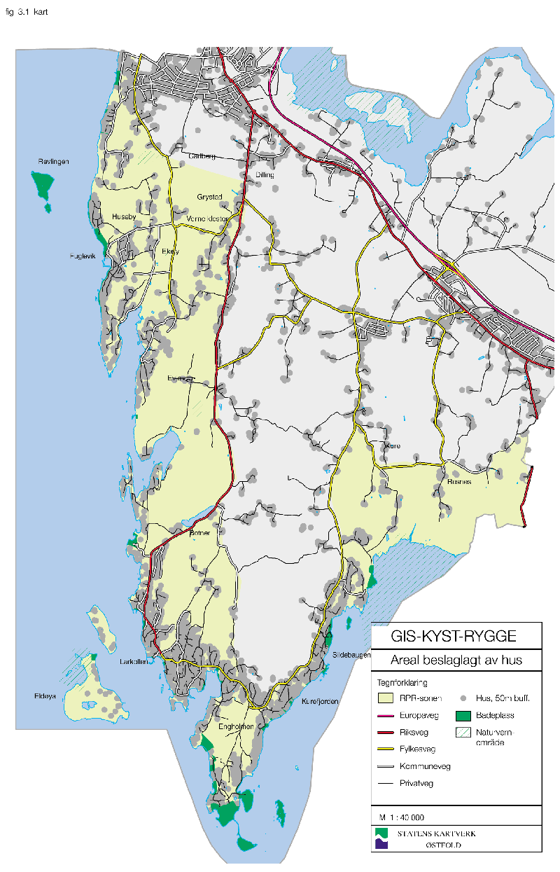 Figur 3.1 Tilgjengelighet til sjøen begrenses av bygningsmasse.
 Karteksempel fra Rygge i Østfold.