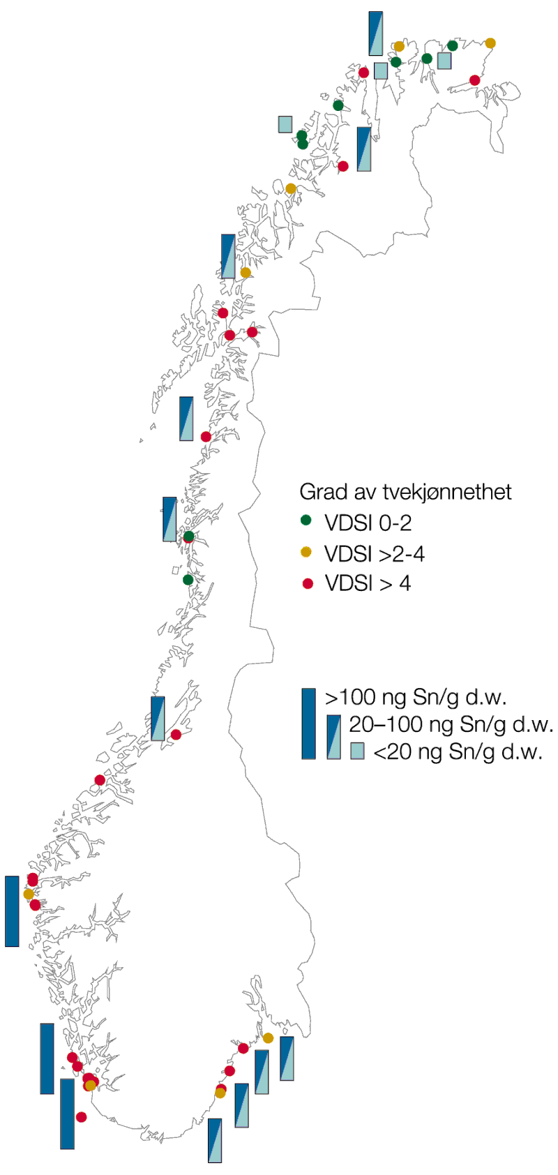 Figur 6.4 Sammenheng mellom høye konsentrasjoner av TBT og skader
 på forplantningsevnen til purpursnegl (imposex) langs norskekysten.
 VDSI er en indeks som angir graden av imposex hos hunner på en
 skala fra 1–6. En indeksverdi over 4 tilsier sterilitet.
...