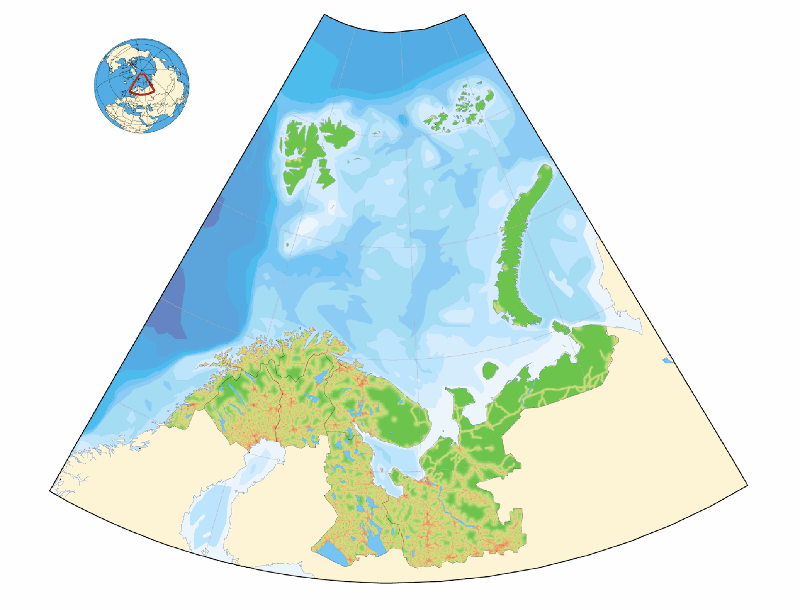 Figur 9.2 Inngrepsfrie naturområder i Barentsregionen og på Svalbard.
 Fargeskalaen fra rød til mørk grønn representerer økende
 avstand til bosetninger, transportårer og andre tyngre
 tekniske natur­inngrep.