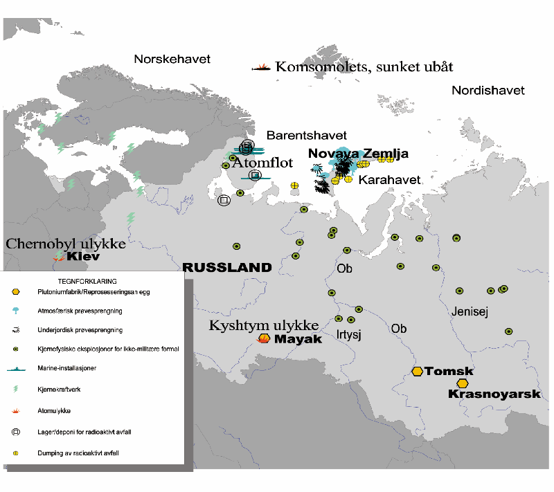 Figur 9.5 Nåværende og potensielle kilder til radioaktiv
 forurensning i nordlige områder.