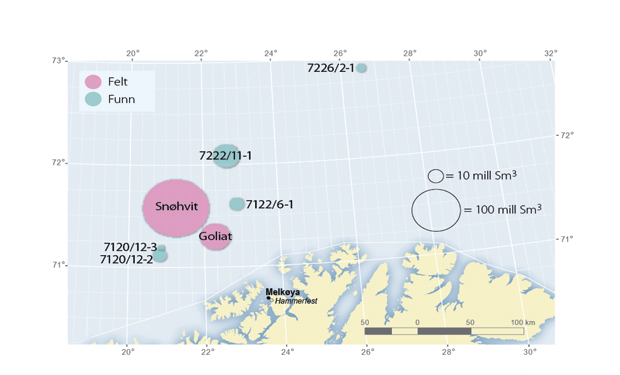 Figur 2.29 Felt og funn i Barentshavet. Størrelsen av sirkelen angir totalt gjenværende ressursvolum.