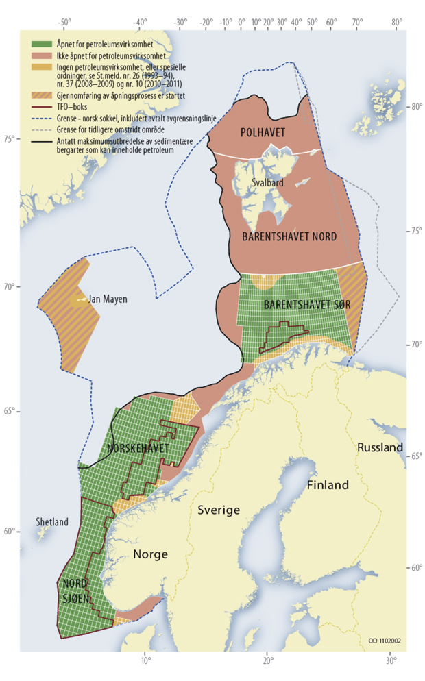Figur 6.2 Åpne og uåpnede områder på norsk sokkel, antatt maksimalutbredelse av sedimentære bergarter, kun for illustrasjonsformål.
