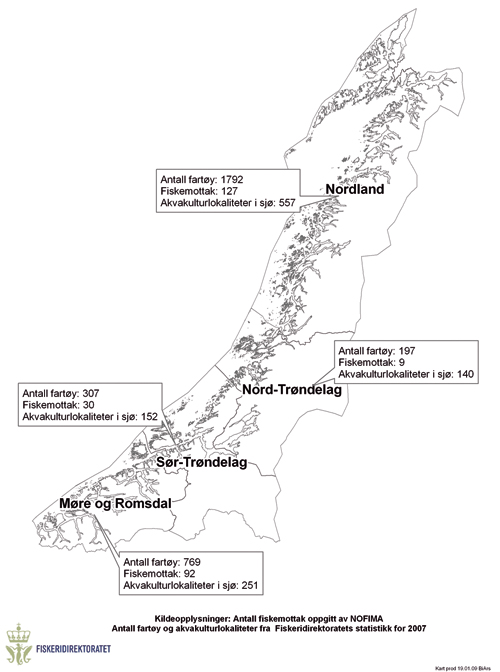 Figur 4.2 Fartøy, fiskemottak og akvakulturlokaliteter i fylkene
 ved Norskehavet i 2007