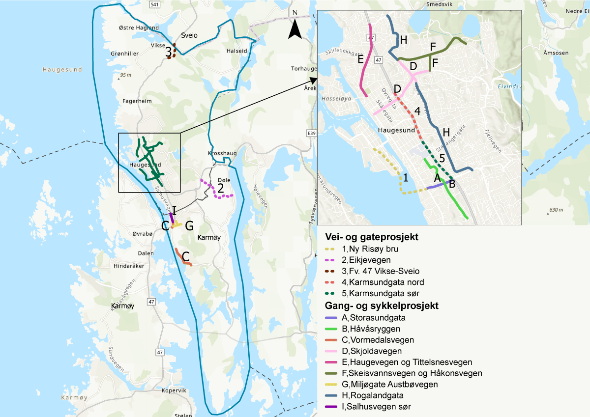 Figur 2.1 Lokalisering av store vei-/gateprosjekter (1–5) og gang- og sykkelveiprosjekter (A-I)