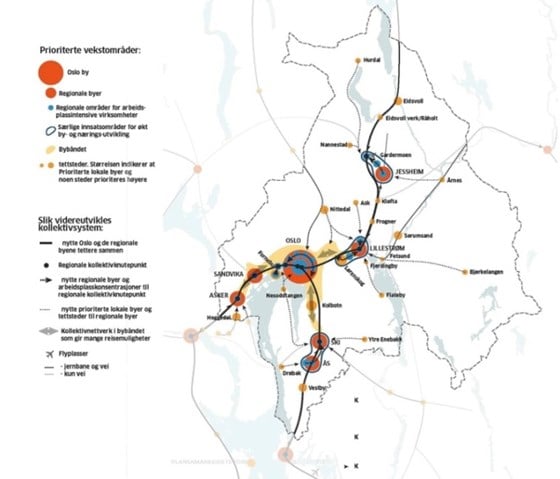 Kartet viser regional areal- og transportstruktur med prioriterte vekstområder og kollektivsystem.