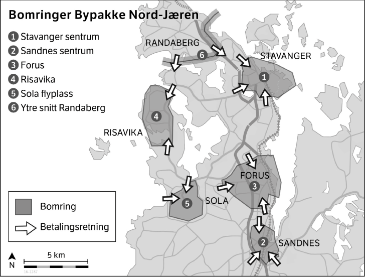 Figur 6.1 Bypakke Nord-Jæren – soner/snitt for bompengeinnkrevjing
