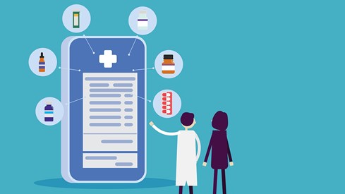 Animasjon av lege og pasient foran en stor mobiltelefon med mange muligheter for deling av helsedata
