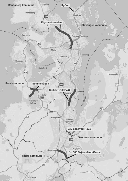 Figur 5.1 Oversikt over store prosjekt og tiltak som er aktuelle ved utviding av Nord-Jærenpakka