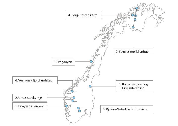 Figur 12.1 Norges verdensarvområder.
