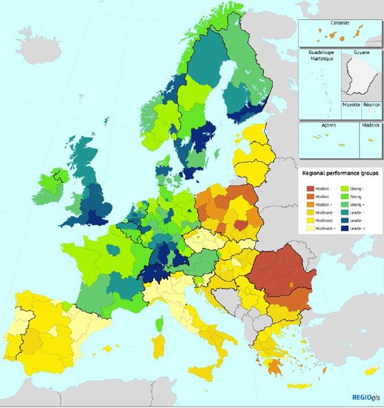 Europakart i farger som viser innovasjonsledere eller sterke innovasjonsregioner innelt i regioner.