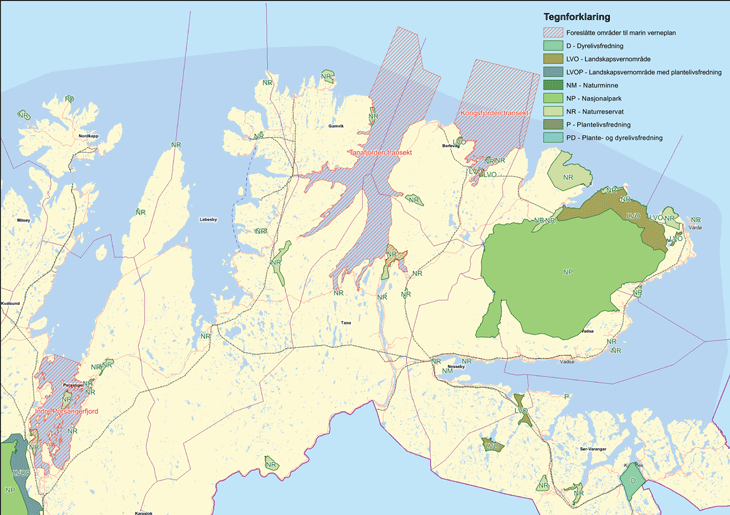 Figur 4.15 Kart over naturvernområder og foreslåtte områder til marin verneplan øst for 26°Ø