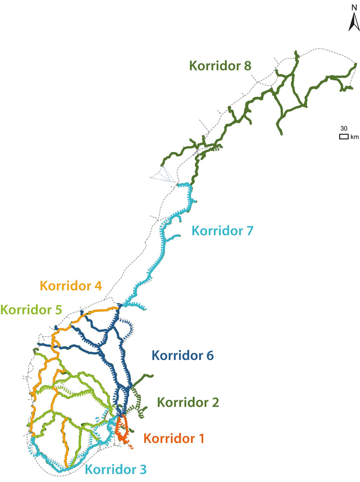 Figur 18.1 Oversikt over de åtte nasjonale transportkorridorene.