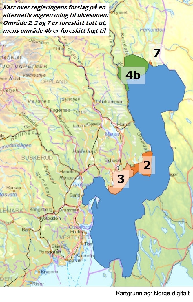 Kart over regjeringens forslag på en alternativ avgrensning til ulvesonen: Område 2, 3 og 7 er foreslått tatt ut, mens område 4b er foreslått lagt til.