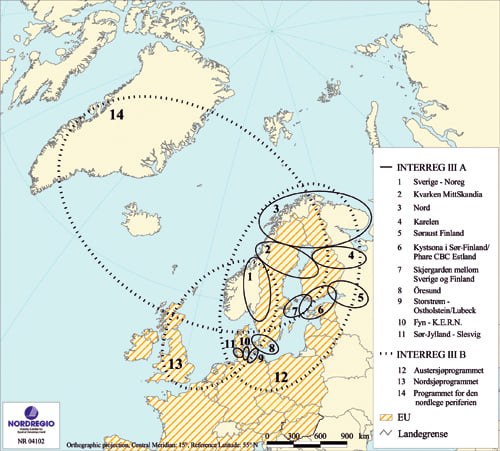 Figur 6.1 Geografisk ramme for program som dei nordiske landa deltar
 i