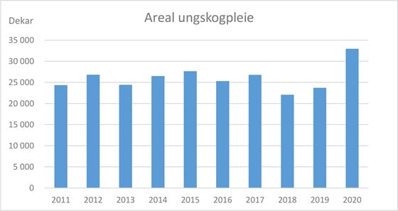Utvikling i antall dekar utført ungskogpleie (avstandsregulering og mekanisk etterarbeid) 2011–2020 i Agder.
