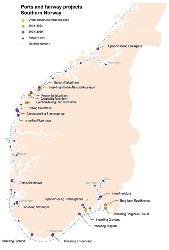Figure 6.5 Ports and fairway projects in Southern Norway