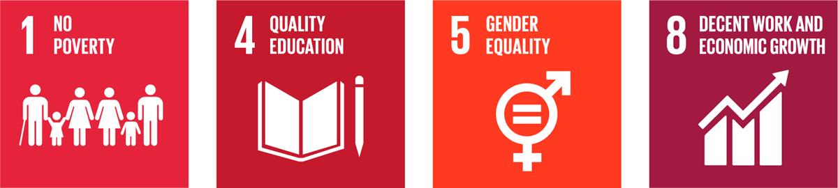 1 No poverty, 4 Quality education, 5 Gender equality and 8 Decent work and economic growth.