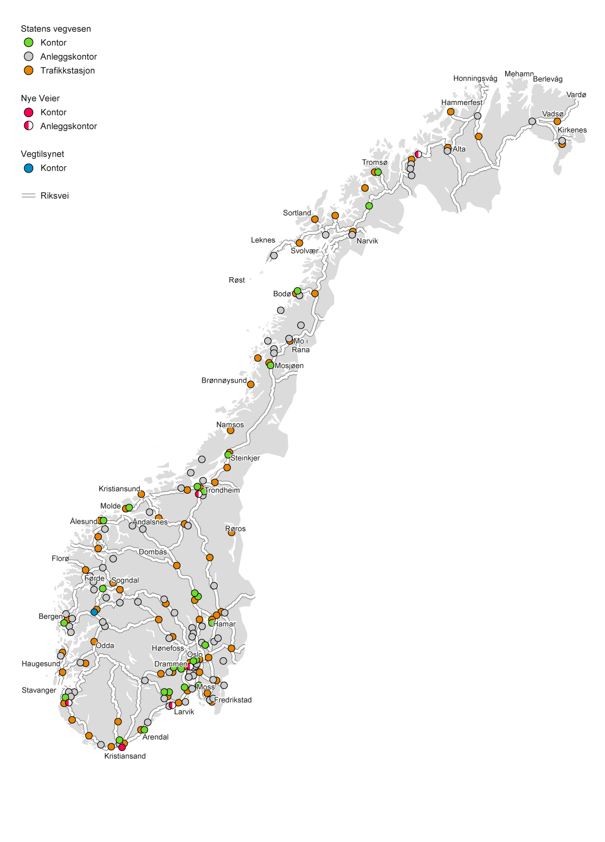 Figur 11.7 Lokalisering av Statens vegvesen, Nye Veier og Vegtilsynet per 1. januar 2024.