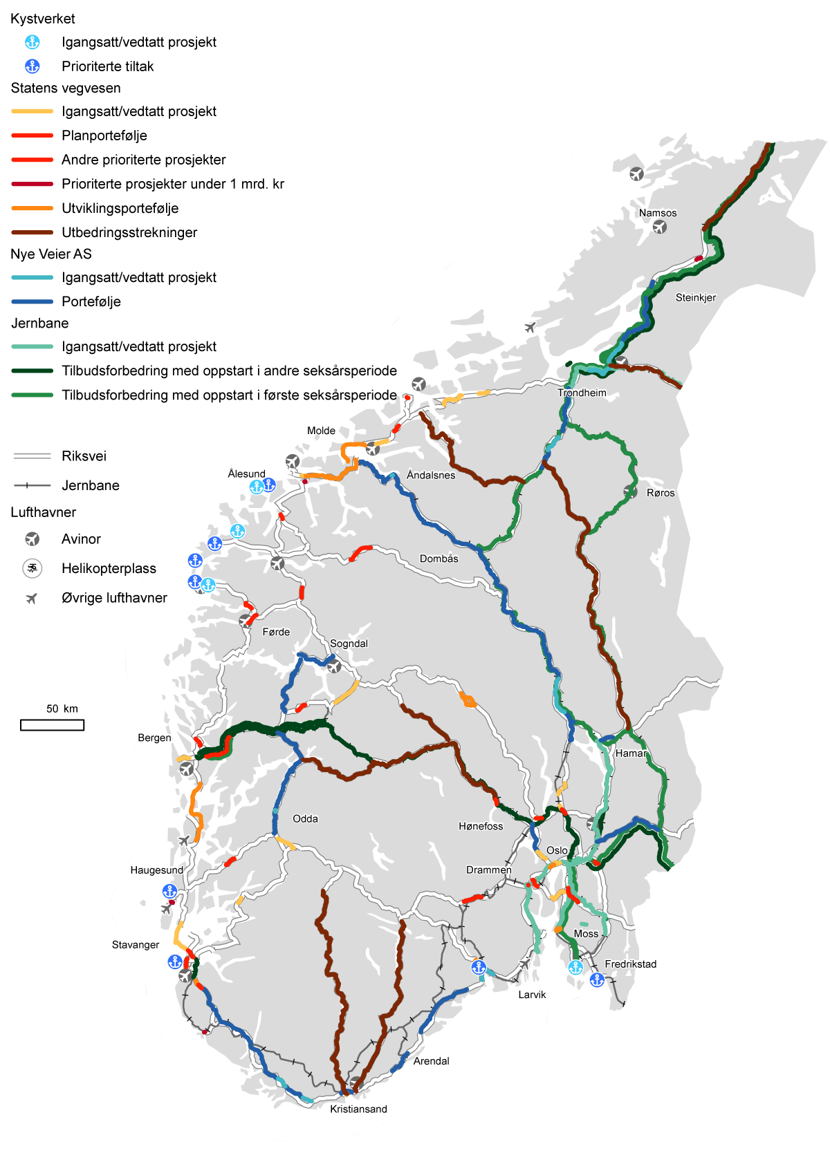 Figur 12.3 Kart over tiltak for alle transportformer for Sør-Norge.