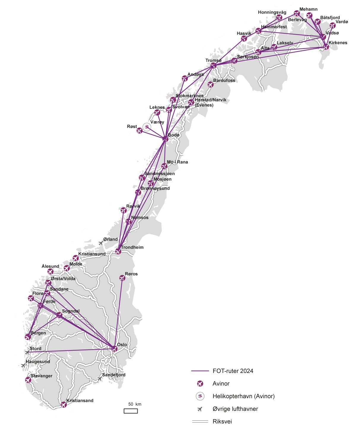 Figur 5.3 FOT-ruter i Norge fra 1. april 2024
