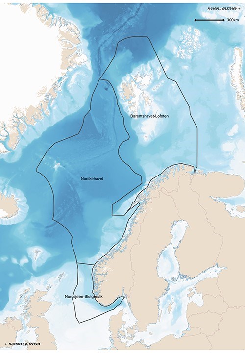 Kart som viser de norske havområdene i Barentshavet–Lofoten, Norskehavet og Nordsjøen–Skagerrak.