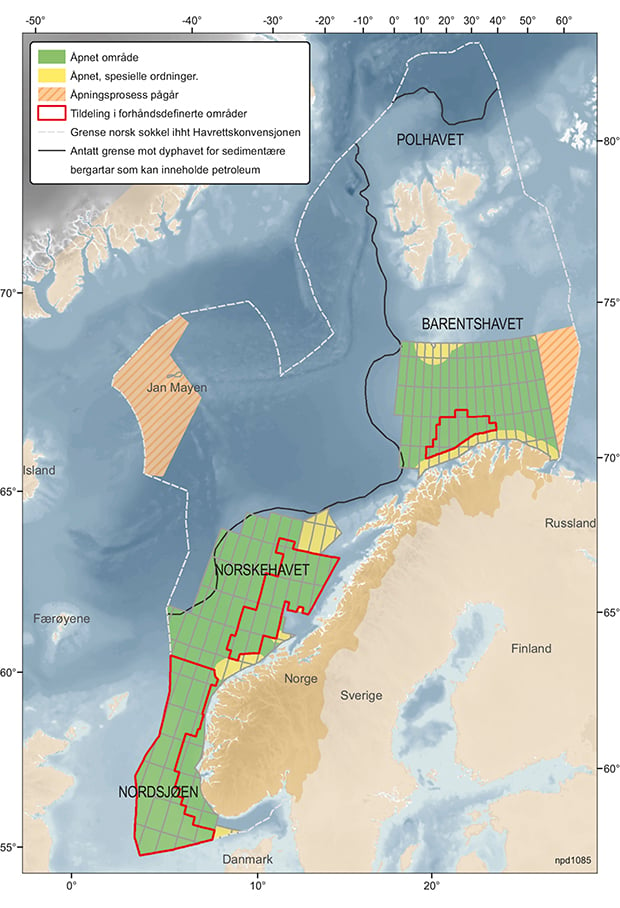 Figur 3.1 Åpne og uåpnede områder på norsk sokkel, antatt maksimalutbredelse av sedimentære bergarter, kun for illustrasjonsformål.