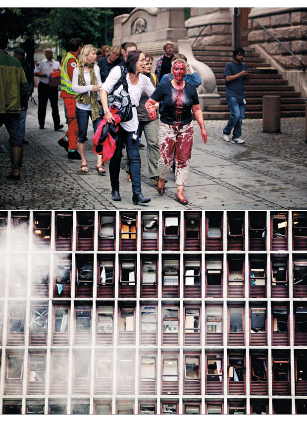 Figur 10.3 Øverst: Skadde fra departementene på vei vekk fra regjeringskvartalet. Nederst: Høyblokka minutter etter terrorangrepet.