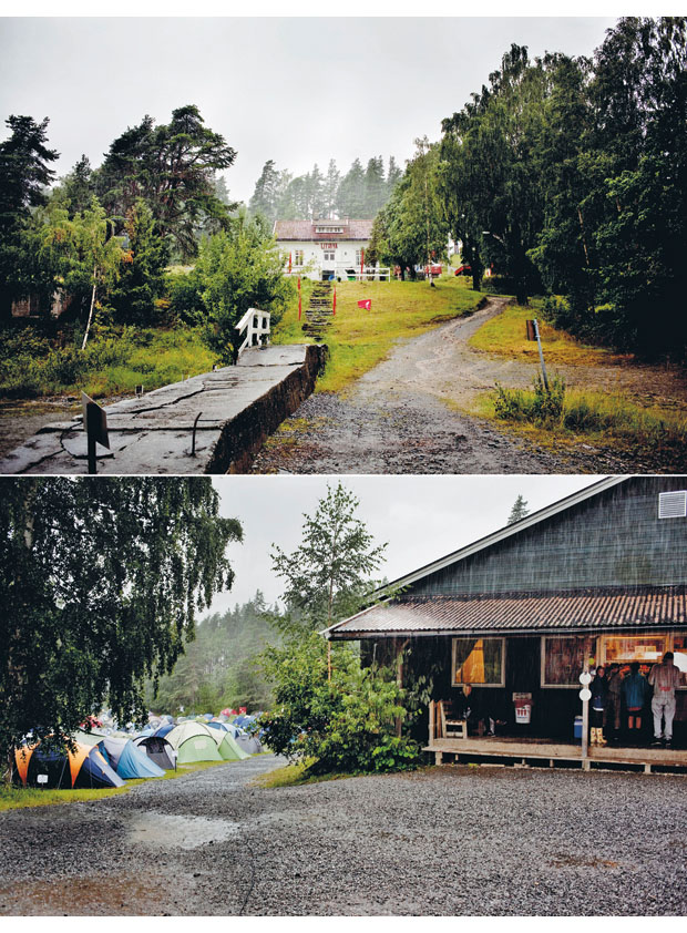 Figur 2.6 Utøya fredag ettermiddag før gjerningsmannen ankom. Øverst: Stien opp fra brygga til hovedhuset. Nederst: Teltleiren og Kafébygget.