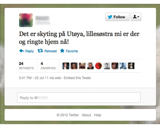 Figur 2.8 Den første Twitter-meldingen om angrepet på Utøya kom kl. 17.41. Da var utrykningen allerede i gang. Meldingen er anonymisert av kommisjonen.