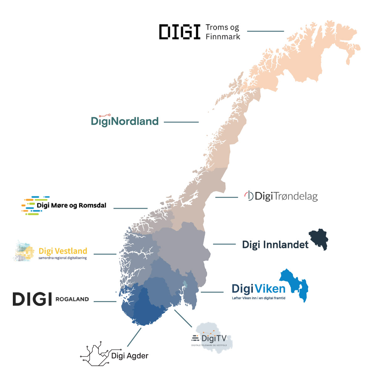 Figur 3.1 Regionale digitaliseringsnettverk per desember 2022