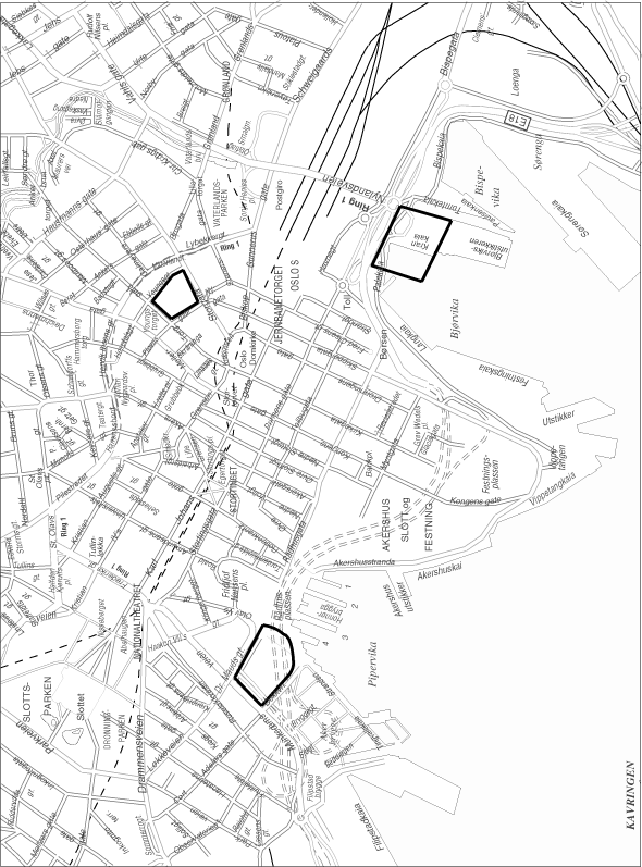Figur 5.1 Kart over Oslo med lokaliseringsalternativer markert