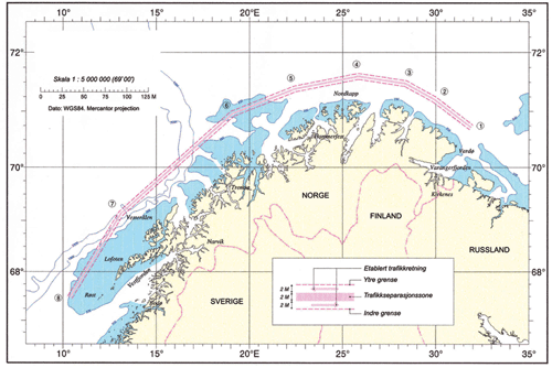 Figur 4.3 Forslag til påbudte seilingsleder utenfor territorialfarvannet på strekningen Vardø–Røst.