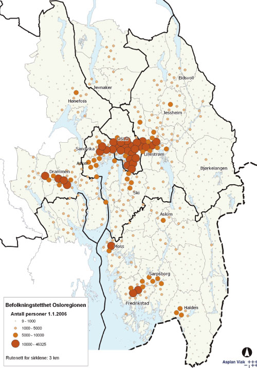 Figur 10.1 Befolkningstettheten i Osloregionen