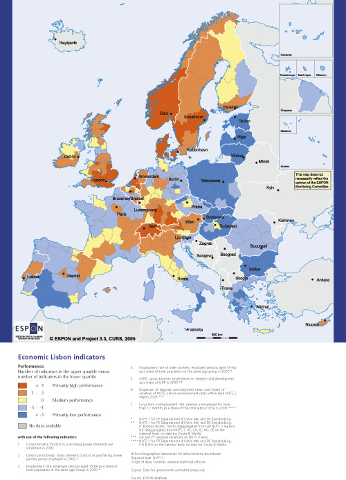 Figur 11.1 Kart som viser europeiske regioner målt etter EUs økonomiske «Lisboa-kriterier».
 Fra ESPON /European Spatial Planning Observation Networ).
 Indikatorene viser regionenes forutsetninger for konkurransekraft.