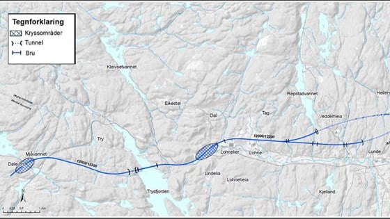 Statens vegvesen anbefaler alternativ 12000 (sydligste veilinje) vedtas og legges til grunn for videre planlegging av E39 på strekningen Volleberg-Døle bru. Kilde: Statens vegvesen. 