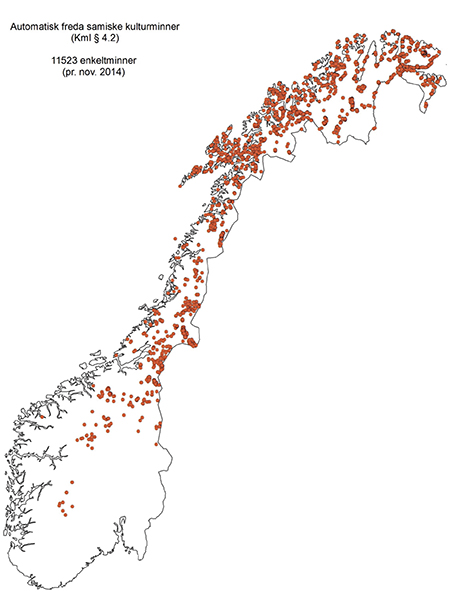 Figur 1.35 Kartet viser kartfestede automatisk fredete samiske kulturminner i Norge per november 2014. Antallet enkeltminner i Askeladden er 11523, men det er omtrent bare halvparten som er kartfestede og vises i kartet. Det er sikkert også flere kulturminner i...