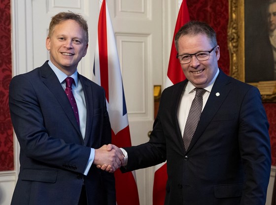 Image of the Secretary of State for Defence Grant Shapps (left), seen here shaking hands with the Norwegian Defence minister, Bjørn Arild Gram at a trilateral agreement between the UK, Norway, and Ukraine Dec. 11 2023.