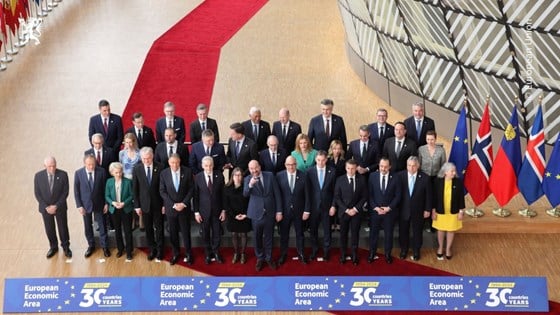 Gruppebilde i Brussel. Pent kledde europeiske ledere ser opp mot fotografen. EU-flagg og flaggene til EØS-landene.
