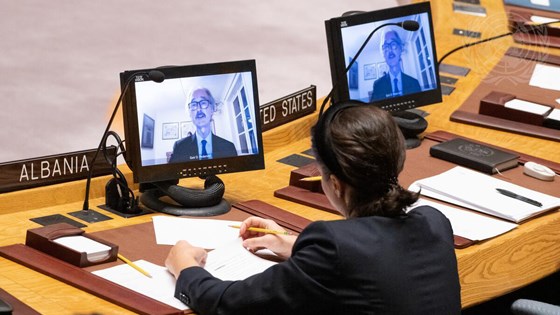 FNs spesialutsending Geir O. Pedersen orienterte Sikkerhetsrådet via skjerm. Foto: FN