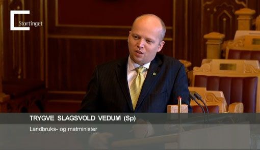 Landbruks- og matminister Trygve Slagsvold Vedum under dagens spørretime på Stortinget.