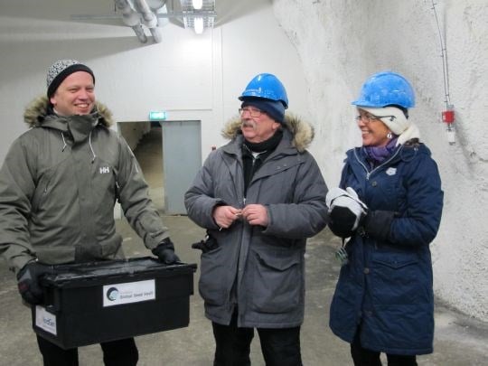 Minister of Agriculture and Food Trygve Slagsvold Vedum, Roland von Bothmer of NordGen and new director of the Global Crop Diversity Trust, Åslaug Haga, inspecting the Svalbard Global Seed Vault