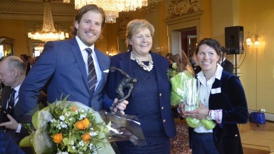 Kjetil Jansrud, Erna Solberg og Mariann Vestbøstad Marthinsen på Regjeringens OL-mottakelse 4. april 2014. 