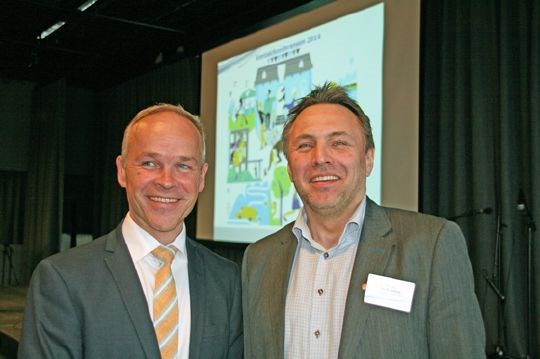 Kommunal- og moderniseringsminister Jan Tore Sanner og Tore O. Sandvik, fylkesordfører i Sør-Trøndelag
