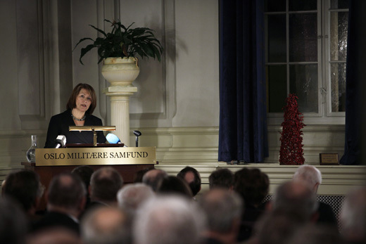 Defence Minister Grete Faremo giving her New year's address at Oslo Militære Samfund