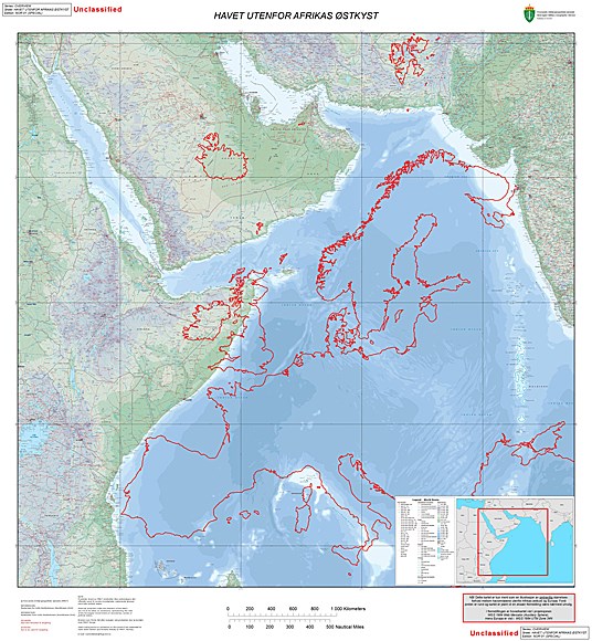 Havet utenfor Øst-Afrika. - Digitale kartdata (c) Collins Bartholomew Ltd (2010) og FMGT