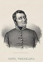 Litografi av Henrik Wergeland i uniform. (Em. Bærentzen & Co. Lith. inst.)