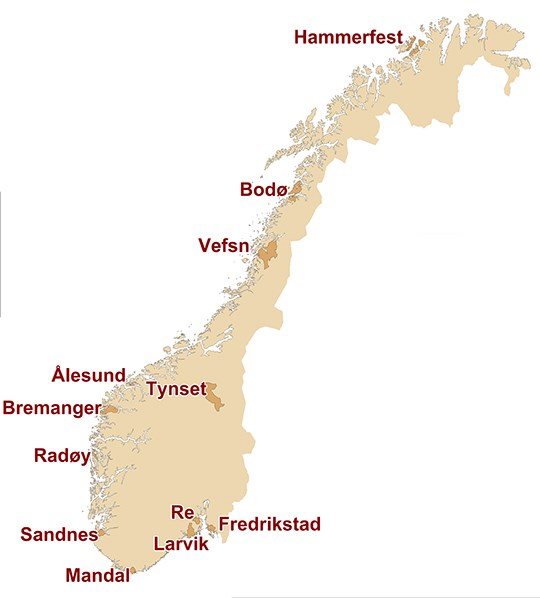 Kart med markering av forsøkskommuner for e-valg i 2013
